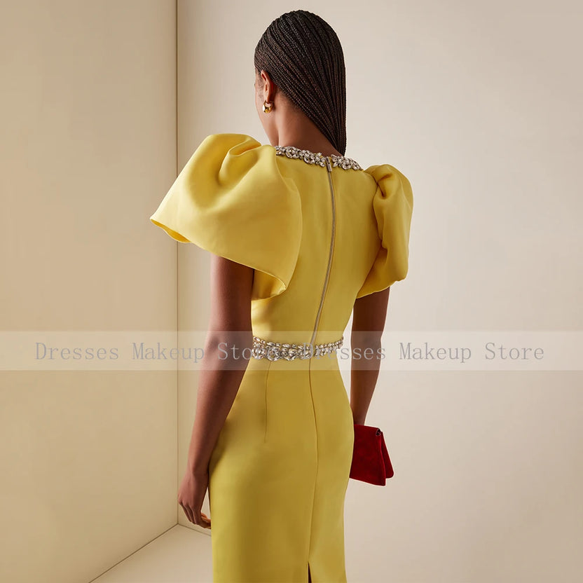 Customized Modern Cocktail Dress Maxi 2 Pieces Crystal O Neck Yellow Prom Gowns for Women Puff Sleeves Column Formal Party Dress