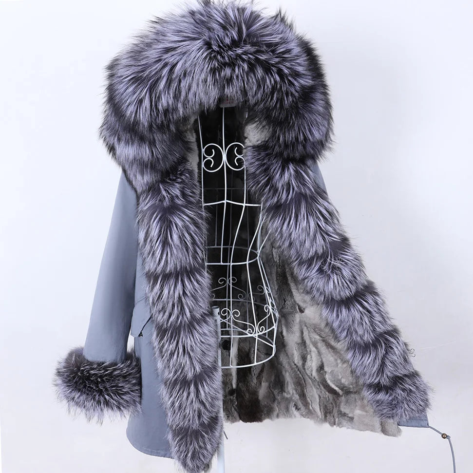 MAOMAOKONG 2026 Removable Real Fox Fur Collar Coats Woman Winter Jacket Hooded Rabbit Fur Lining Long Parkas Female Clothes