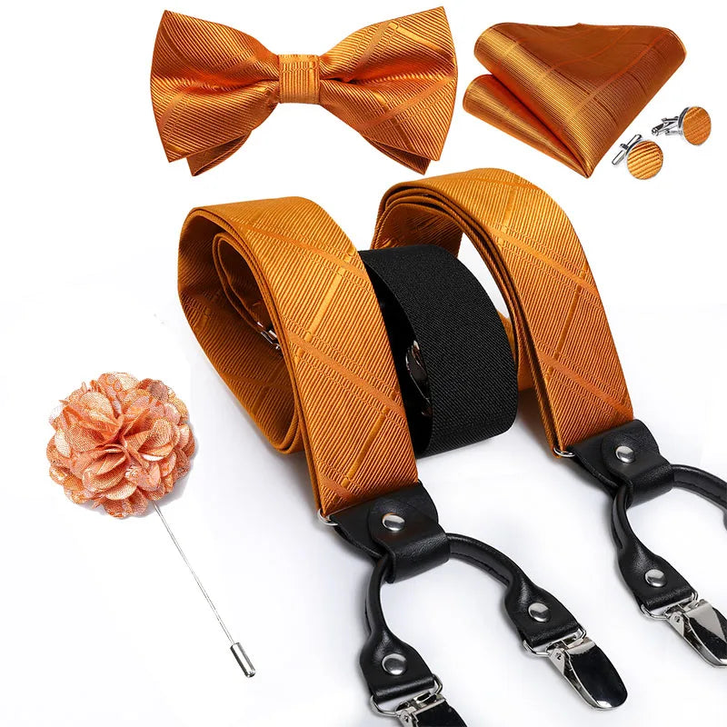 Luxury White Men's Suspenders Adjustable 6 Clips Braces DiBanGu Leather Metal Pre-Tied Bow Tie Brooch Pocket Square Set