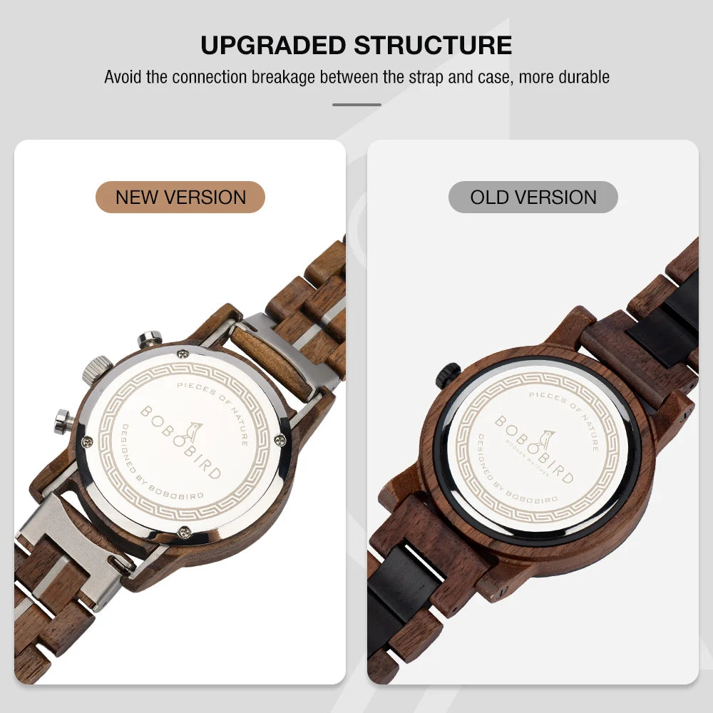 BOBO BIRD Wood Watch Men Business Quartz Watches Engraved Wooden Chronograph Wristwatch With Date Display Custom Reloj Madera