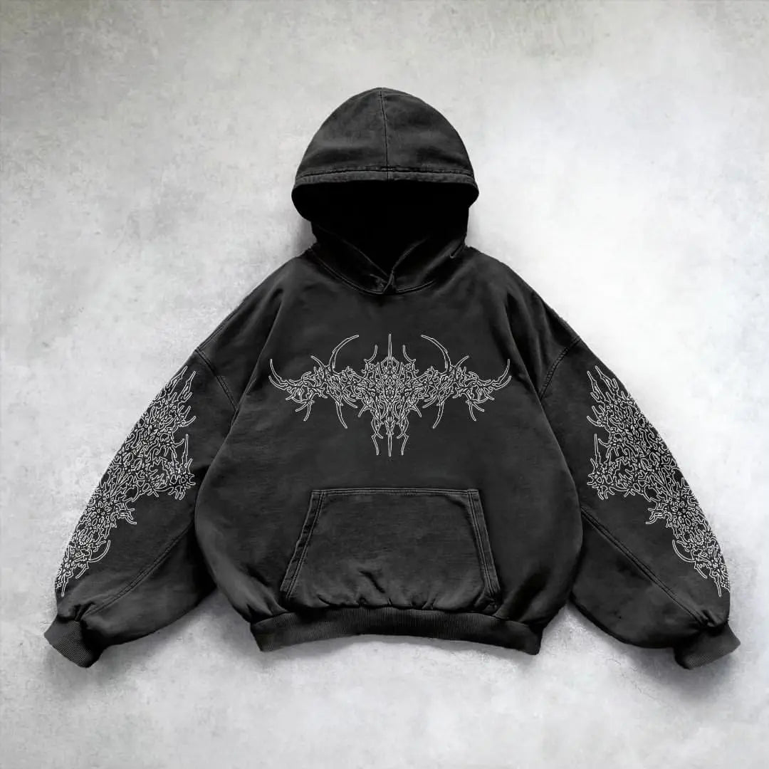 Harajuku Y2K Vintage Punk enfärgad mönstrad hoodie för män, amerikansk gotisk mode-hoodie för par, avslappnad tröja