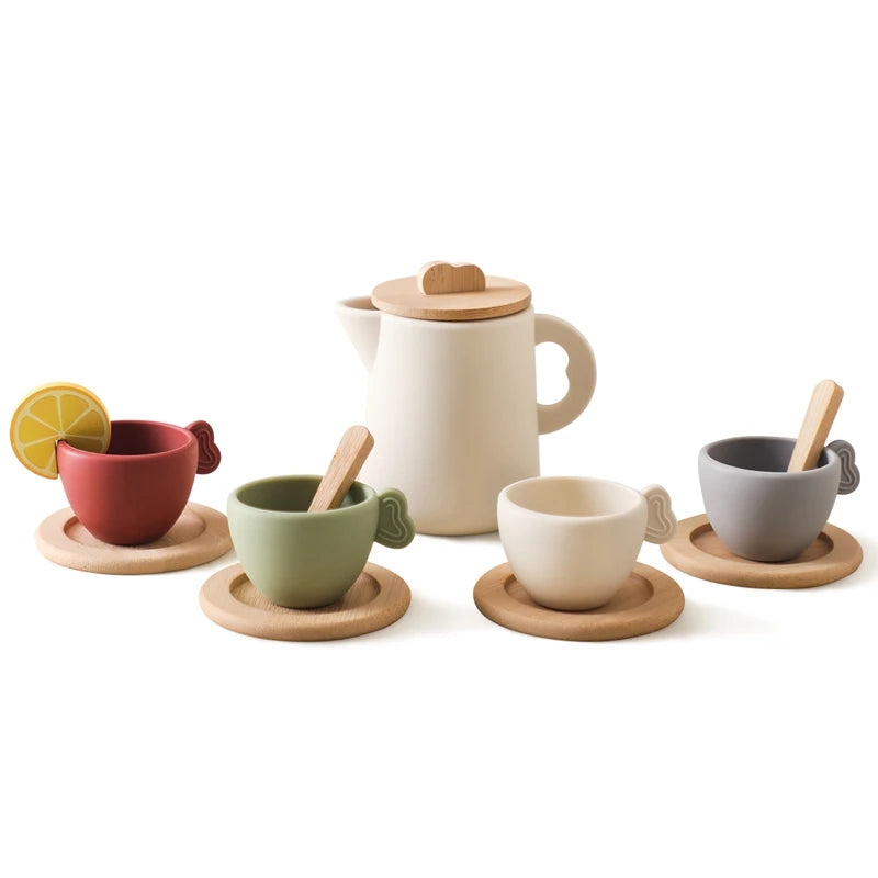 Juego de cocina Montessori de madera con tetera y taza de té para niños