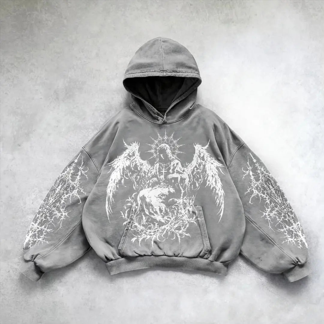 Harajuku Y2K Vintage Punk enfärgad mönstrad hoodie för män, amerikansk gotisk mode-hoodie för par, avslappnad tröja