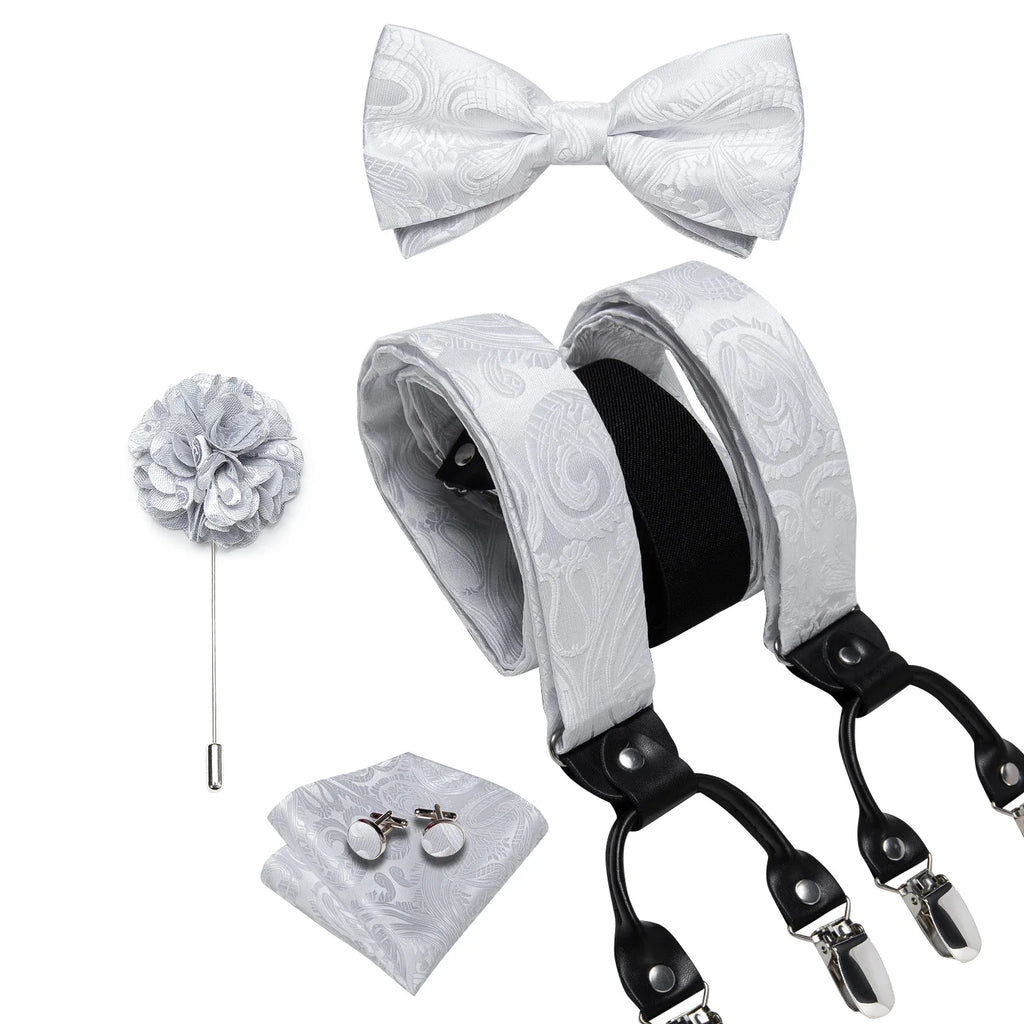 Luxury White Men's Suspenders Adjustable 6 Clips Braces DiBanGu Leather Metal Pre-Tied Bow Tie Brooch Pocket Square Set