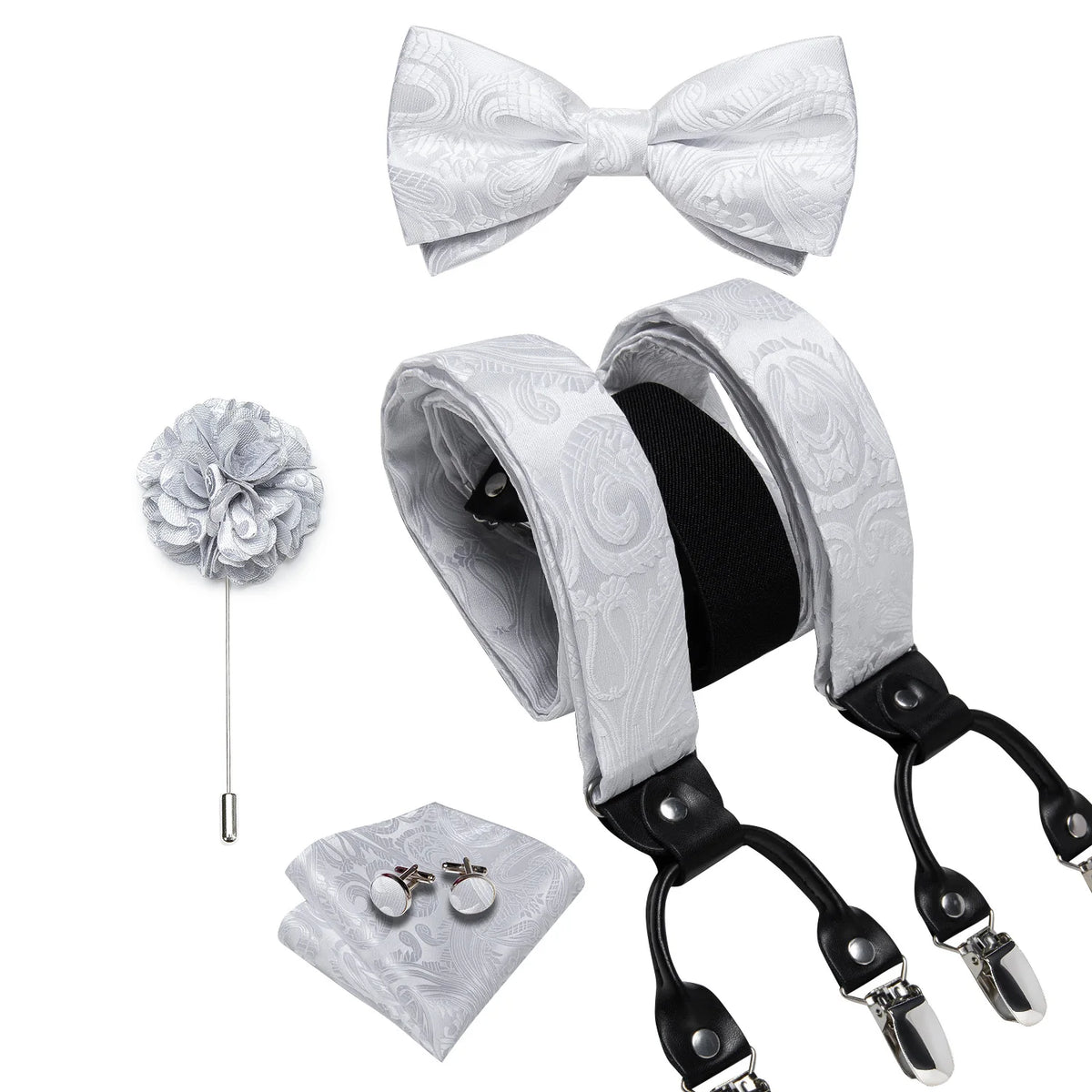 Luxury White Men's Suspenders Adjustable 6 Clips Braces DiBanGu Leather Metal Pre-Tied Bow Tie Brooch Pocket Square Set