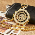 Classic Hexagonal Mechanical Pocket Watch FOB Chain Steampunk Roman Dial Skeleton Gold Hollow Steel Men's Pocket Watch