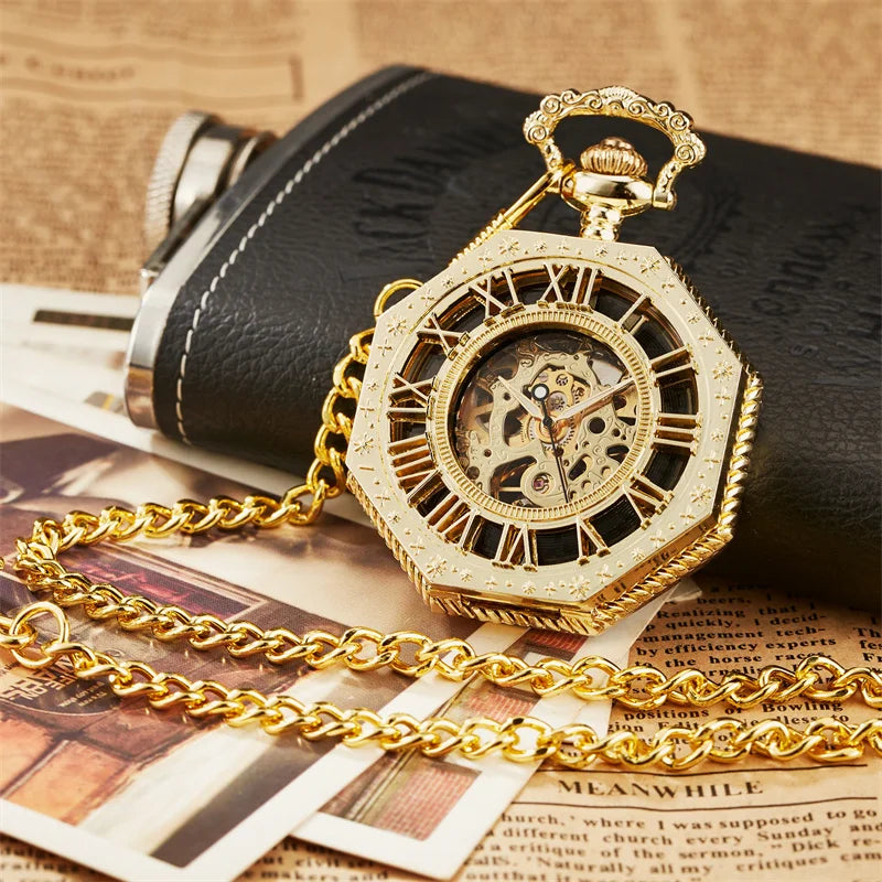 Classic Hexagonal Mechanical Pocket Watch FOB Chain Steampunk Roman Dial Skeleton Gold Hollow Steel Men's Pocket Watch