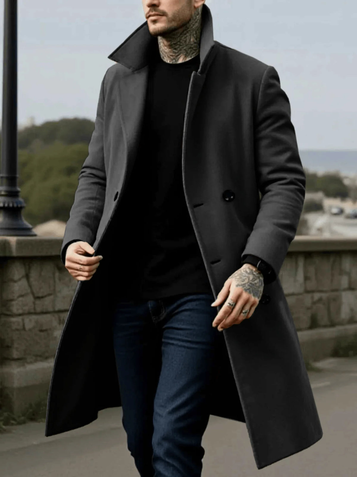 Men's Woolen Double Breasted Mid-Length Winter Coat with Lining
