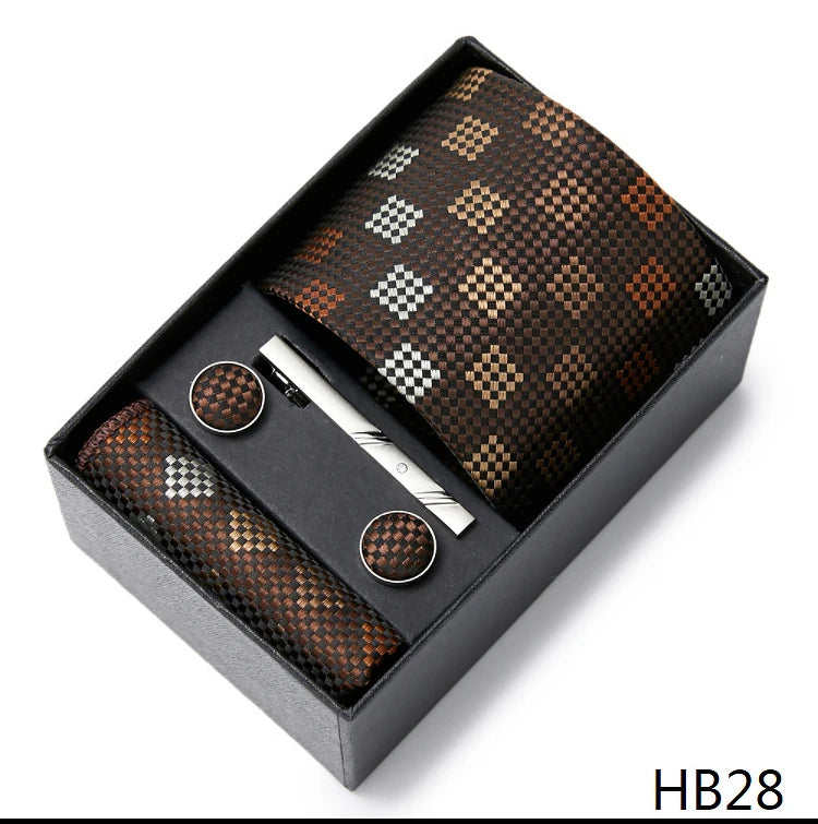 2023 Mode 7,5 cm breite Krawatten-Sets, schwarze Herren-Krawatte, Einstecktuch, Manschettenknöpfe, Krawattenklammer, Box, Hochzeitsgeschenk, handgefertigte Krawatte, Arbeitskleidung