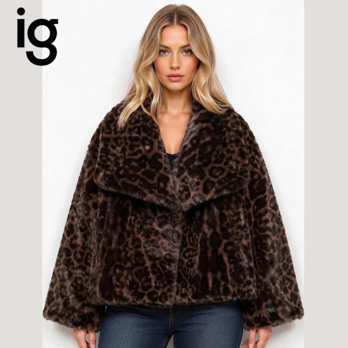Women Leopard Print Faux Fur Short Coat with Large Lapel Collar