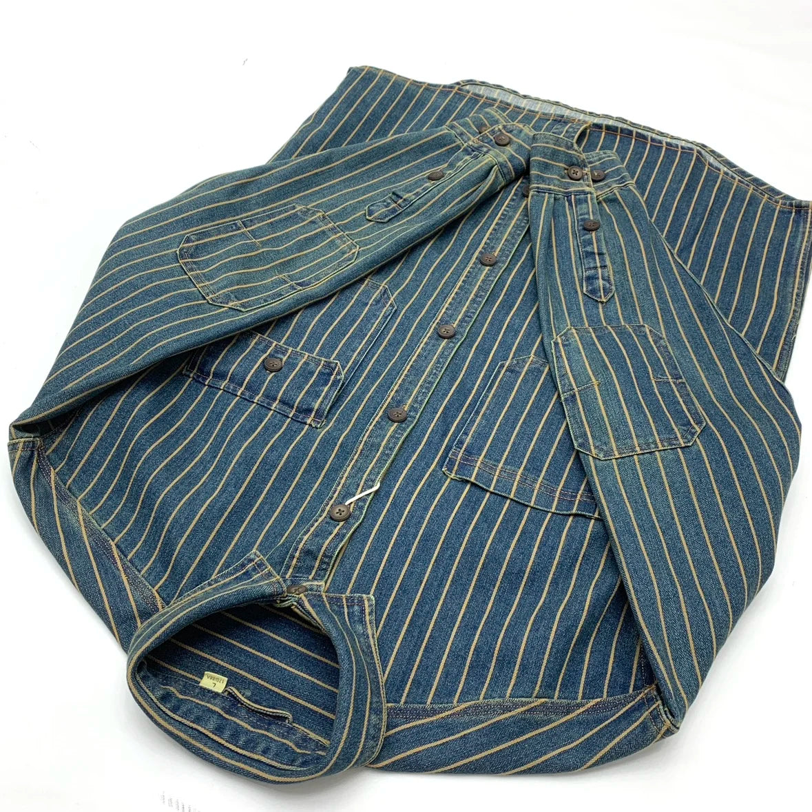 Chaqueta camisa de mezclilla a rayas estilo retro americano pesado, otoño 2025, para hombre, 100% algodón, estilo vintage lavado, abrigo casual holgado