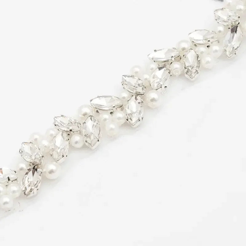JLZXSY Pearl Beaded Handmade Rhinestone Applique Trim DIY Bridal Belt Iron Sew on Crystal Applique Trimming Wedding Accessories