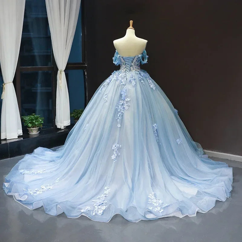 Blue Quinceanera Dresses New Classic Off the Shoulder Princess Prom Dress Lace Appliques Ball Gown With Small Train Custom Size