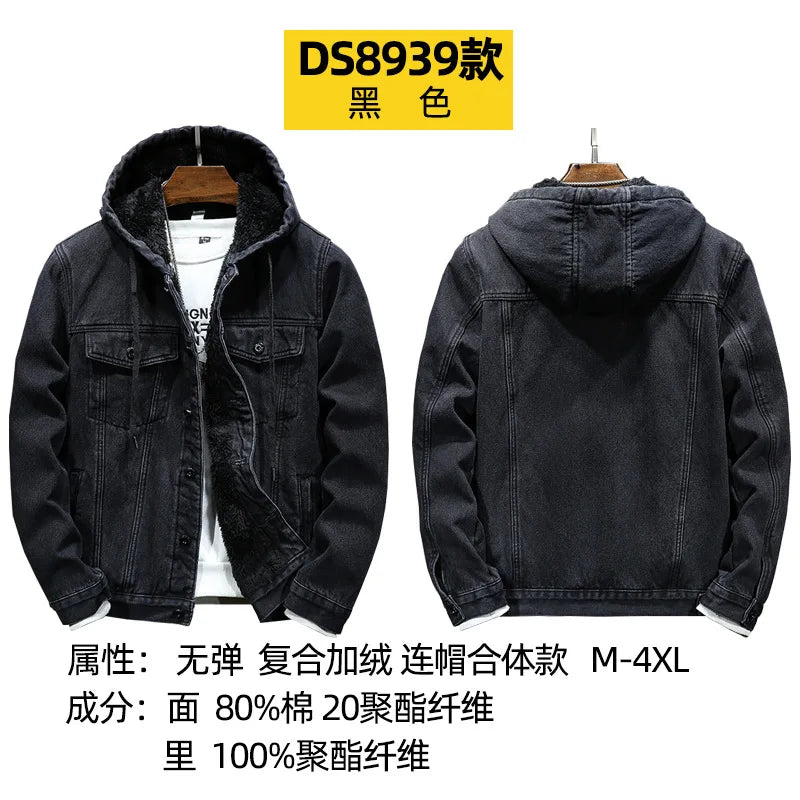 Chaqueta de mezclilla para hombre más gruesa y cálida, con capucha, forro de borrego y acolchada, imitación de lana de cordero, ropa para hombre