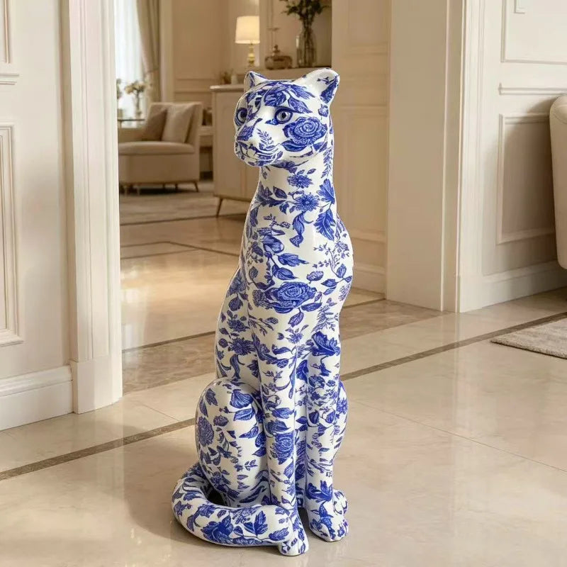 Blue and White Porcelain Leopard Resin Sculpture for Home Decor
