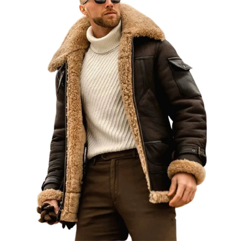Winter Faux Leather Jackets Men Fleece Turn Down Collar Motorcycle Coat Solid Male Warm Thick Windproof Zipper Casual Outwear