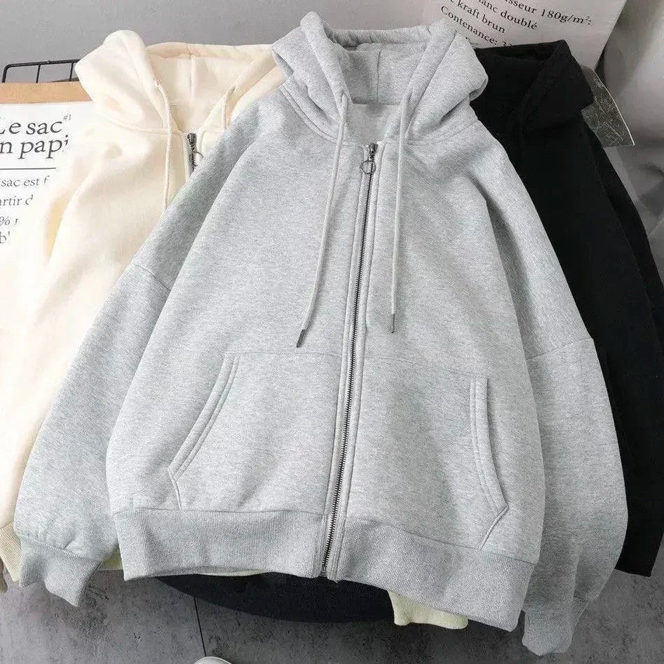 Korean Fashion Simple Gray Double Sided Oversized Zipper Hoodie Women Y2K New Harajuku Gothic Casual Joker Couple Sweatshirt