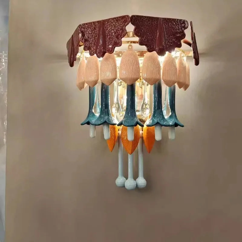 Vintage Ceramic Color Chandelier Macaron Crystal Pendant Light for Bedroom Living Room Hotel Creative Glass Art LED Pendant Lamp