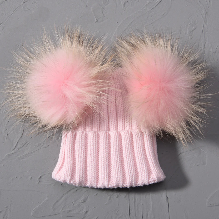 Gorro de punto para bebé de invierno con dos pompones de piel, gorro con bolas de piel natural para niños y niñas, gorro infantil con doble pompón de piel real
