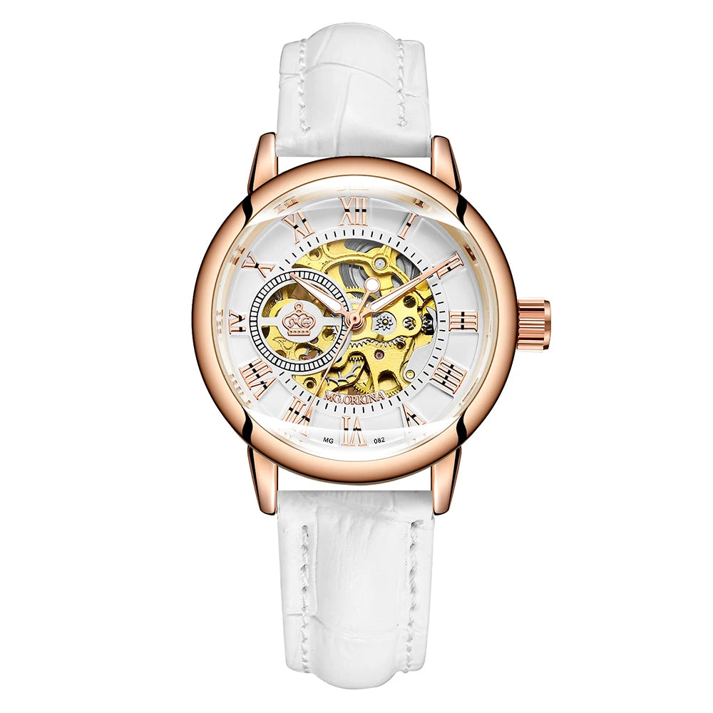 ORKINA Women Watch Automatic Mechanical Skeleton Chic Rose Gold Lady Wristwatch in Mesh Stainless Steel Bracelet / Leather Strap