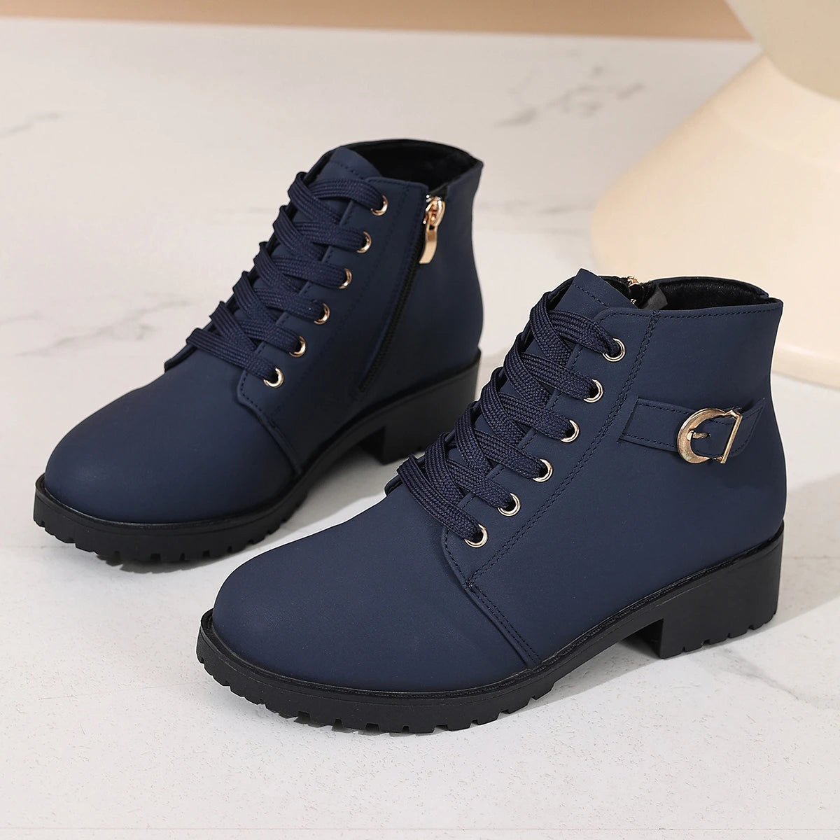 Women's Chunky Heel Ankle Boots with Side Zipper and Buckle