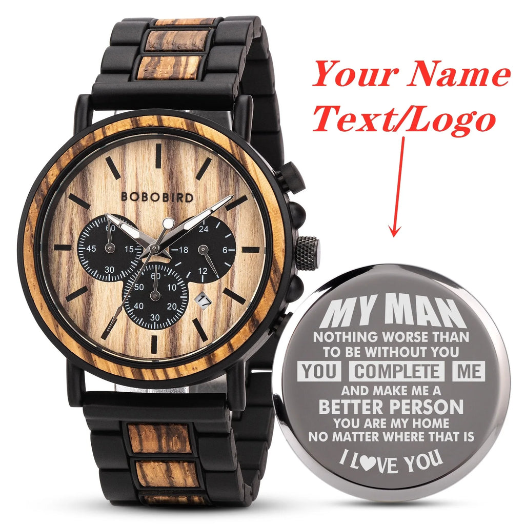 Engraved Wooden Watch Father's Day Custom Your Logo BOBOBIRD Quartz Wristwatch Men Boyfriend Birthday Groomsmen Anniversary Gift