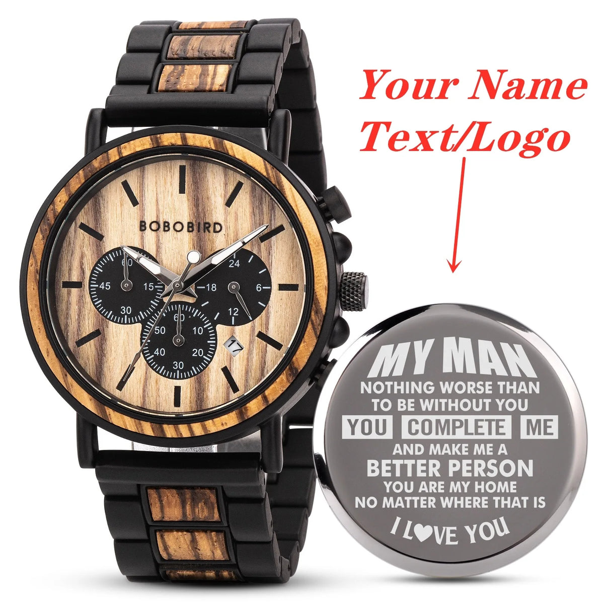 Engraved Wooden Watch Father's Day Custom Your Logo BOBOBIRD Quartz Wristwatch Men Boyfriend Birthday Groomsmen Anniversary Gift