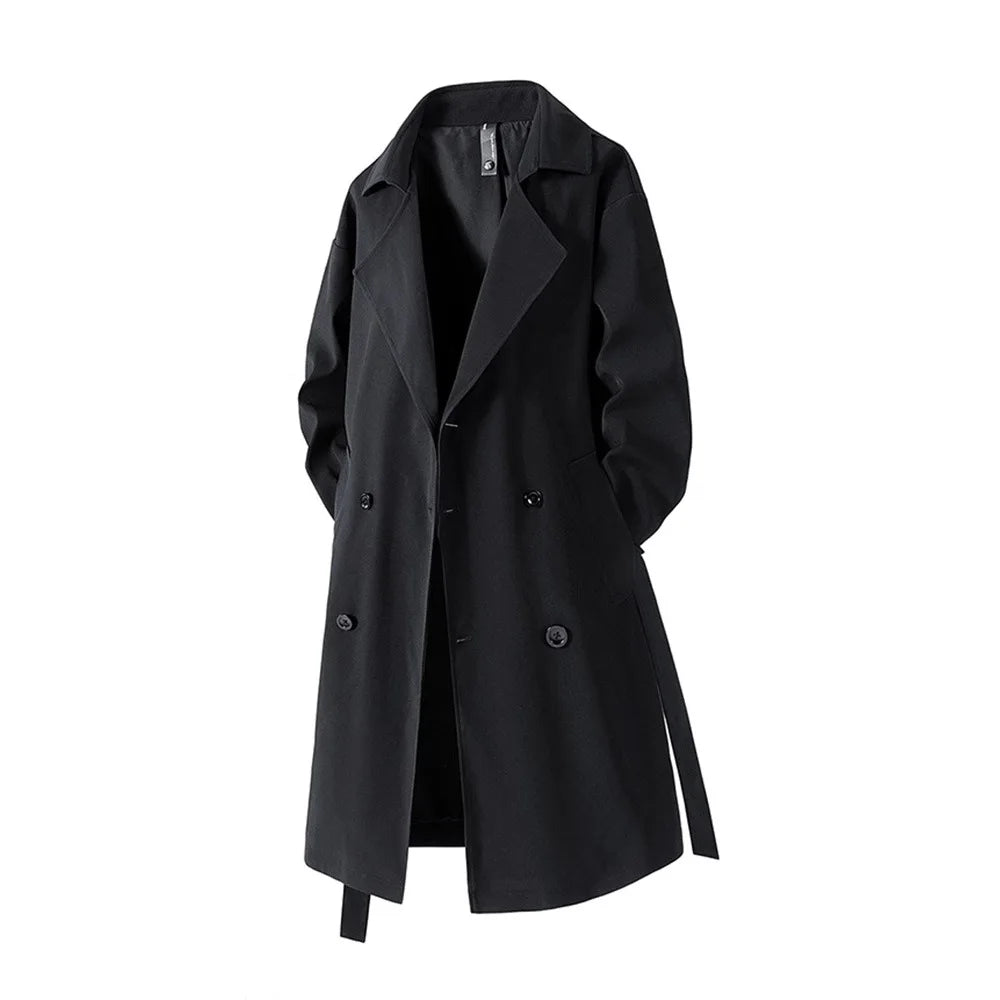 Gabardina larga de hombre estilo vintage americano para otoño 2025, abrigo impermeable tipo trench por debajo de la rodilla, estilo urbano casual retro