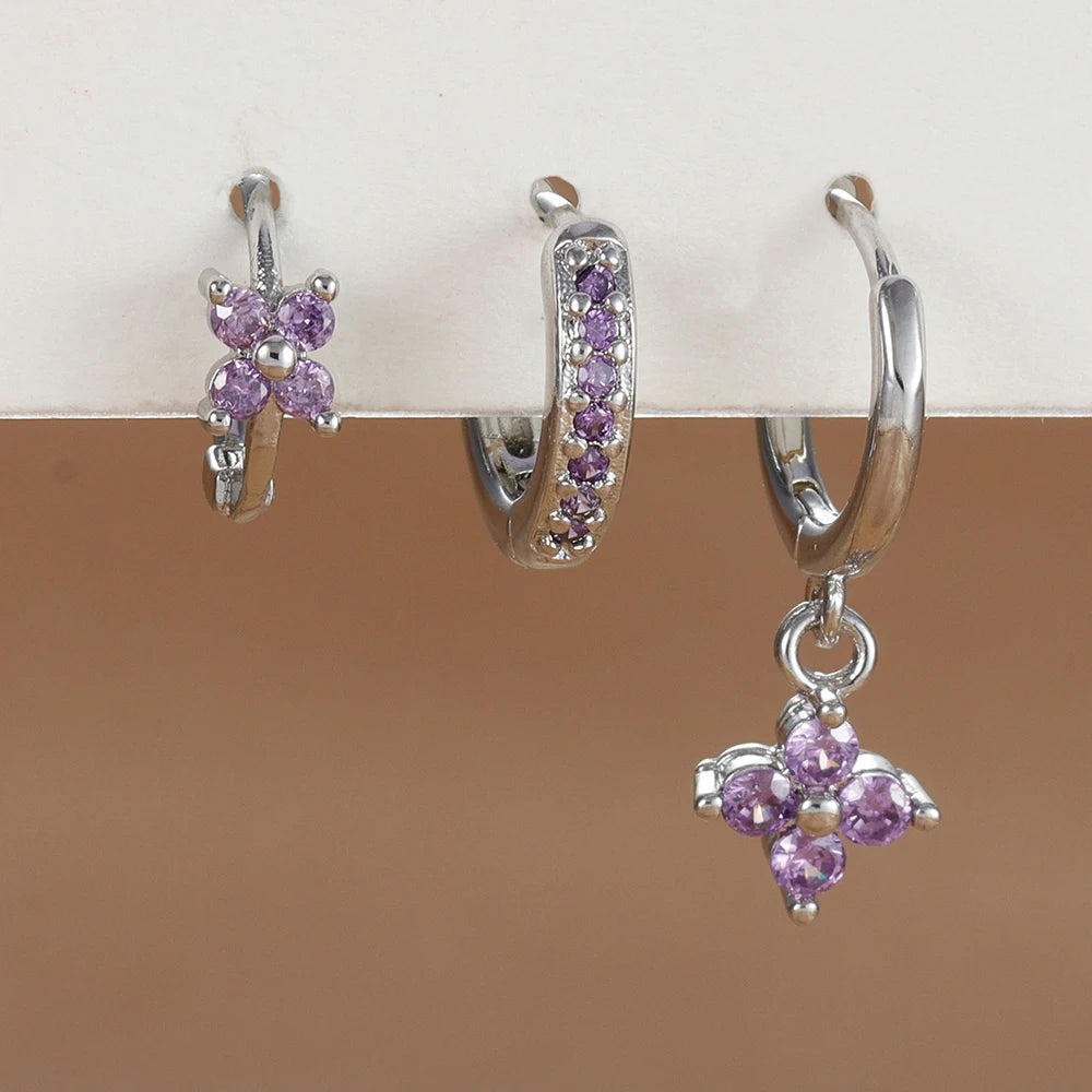 Pendientes de acero inoxidable con forma de flor y circonitas para mujer - Set de 3 piezas