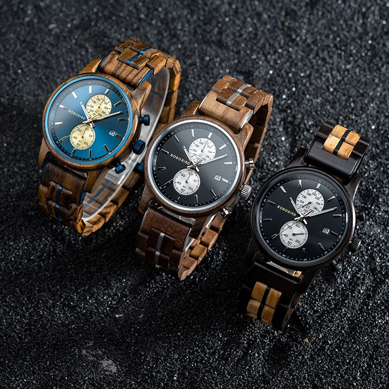 BOBO BIRD Wood Watch Men Business Quartz Watches Engraved Wooden Chronograph Wristwatch With Date Display Custom Reloj Madera