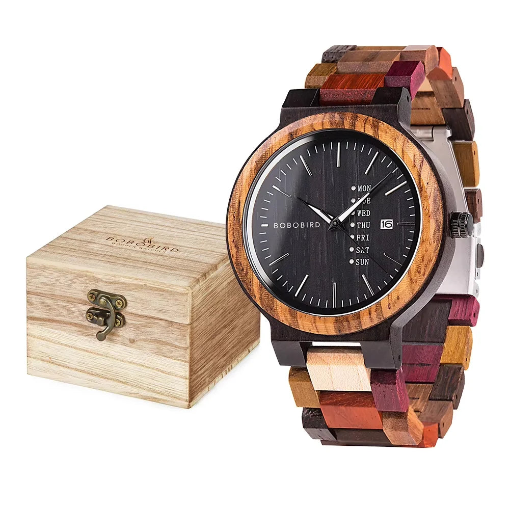 BOBO BIRD Wood Watch Men Women Quartz Week Date Couple Timepiece Colorful Wooden Band Logo Customize Gift Box
