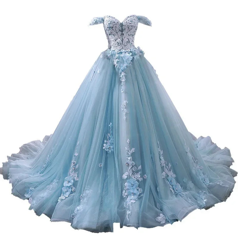 Blue Quinceanera Dresses New Classic Off the Shoulder Princess Prom Dress Lace Appliques Ball Gown With Small Train Custom Size
