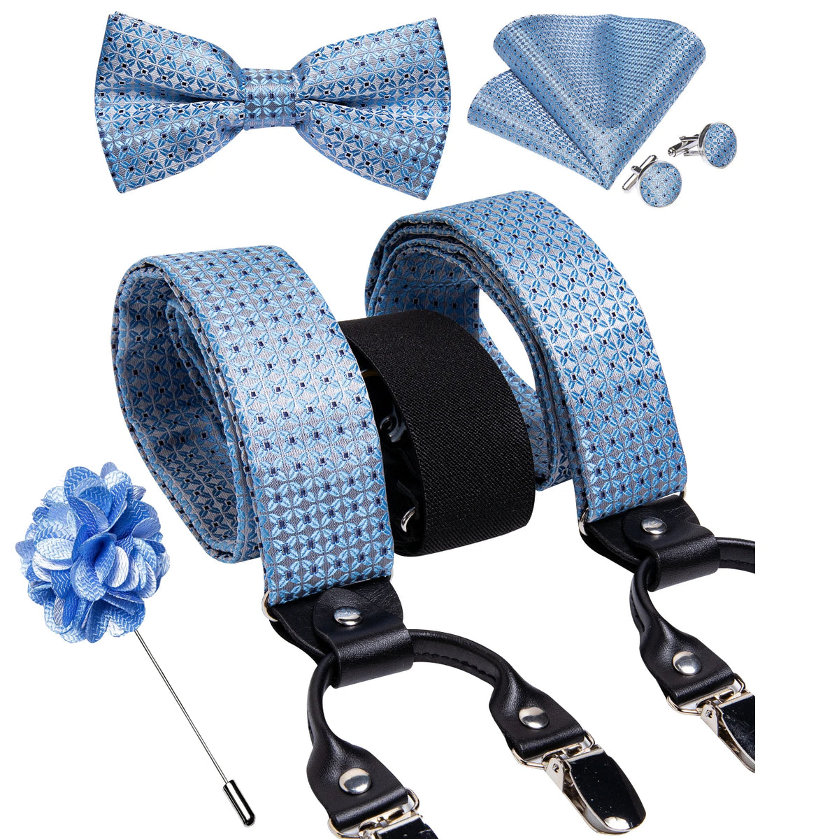 Luxury White Men's Suspenders Adjustable 6 Clips Braces DiBanGu Leather Metal Pre-Tied Bow Tie Brooch Pocket Square Set