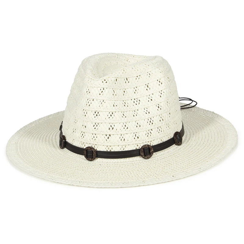 GEMVIE New Summer Hat Panama Hats Hollow Out Straw Hat for Men Women Leather Ribbon Large Brim Sun Beach Hat Jazz Cap Fedora