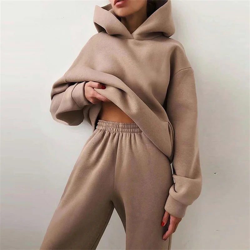 Damski dres jesienny, modna ciepła bluza z kapturem, dwuczęściowy komplet typu oversize, gładki, casualowy, z długimi spodniami