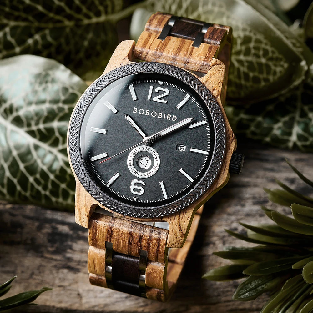 Wooden  Men's Watches BOBOBIRD New Fashion Japanese Movement Quartz Wristwatch Week Date Display Custom Name Brand Great Gift