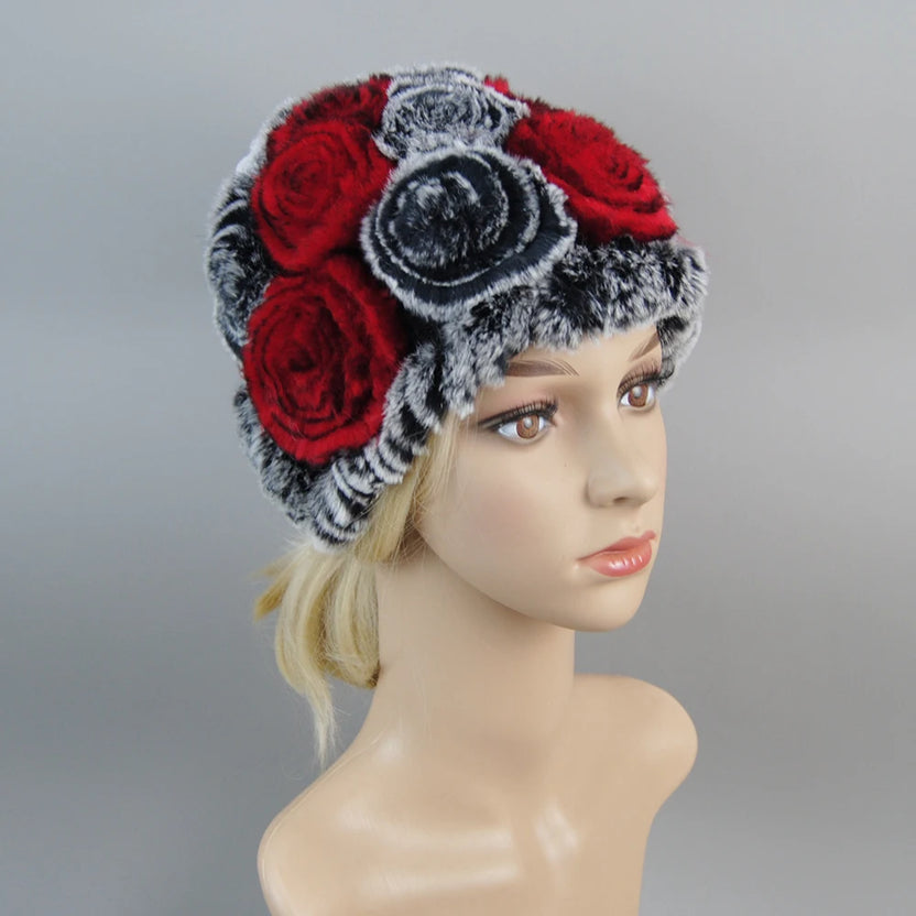 Damen Strick-Set aus echtem Rexkaninchenfell, Mütze und Schal, natürlicher warmer Rexkaninchenfell-Schal, Wintermütze für Damen, Set aus echtem Rexkaninchenfell