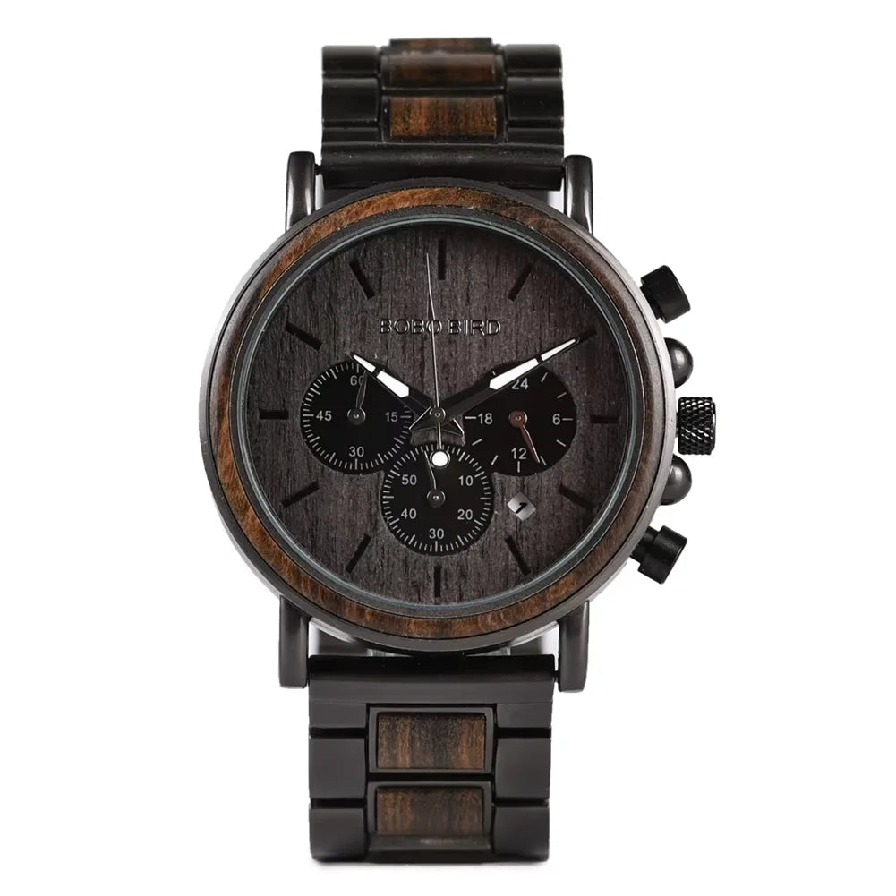 BOBO BIRD Wooden Watch Men's Quartz Wristwatch Military Chronograph Top Fashion Waterproof Clcok Great Gift Box Reloj Hombre