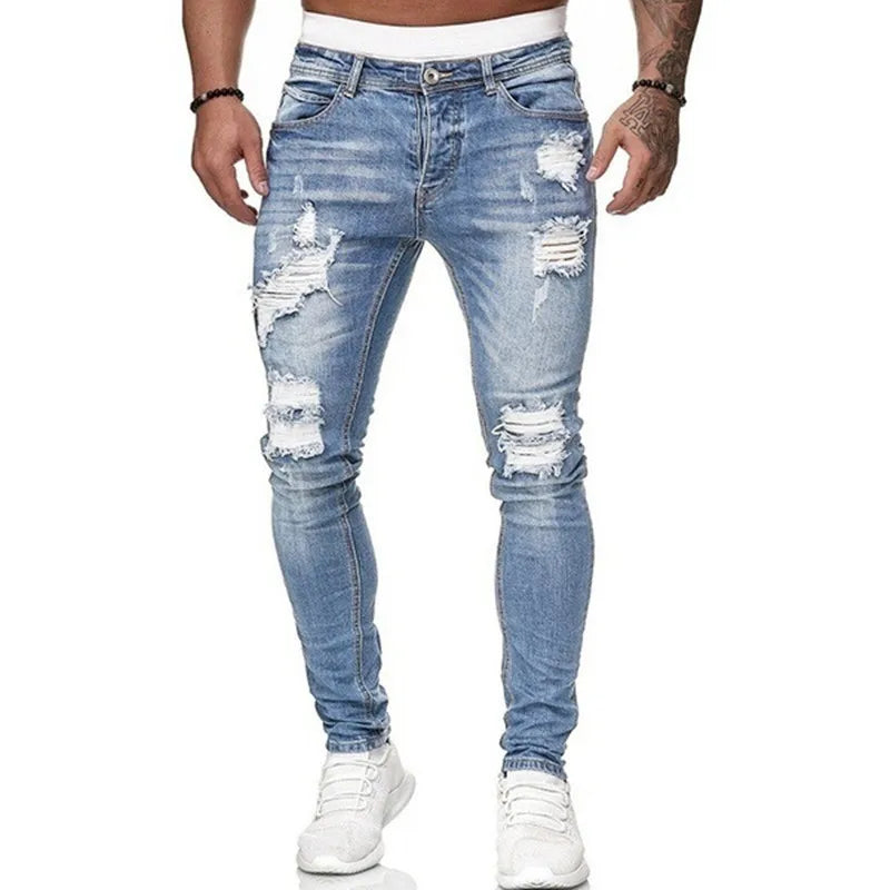 Mode Street Style slitna skinny jeans för män vintagetvätt enfärgade jeansbyxor herr vardagliga slim fit pennjeans heta nyheter