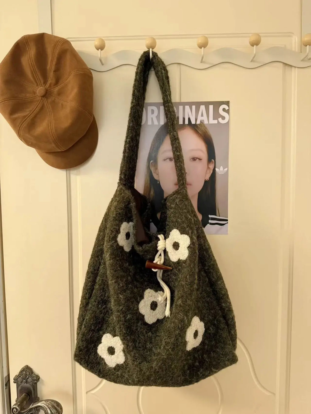 Flower Embroidered Felt Shoulder Tote Bag for Women