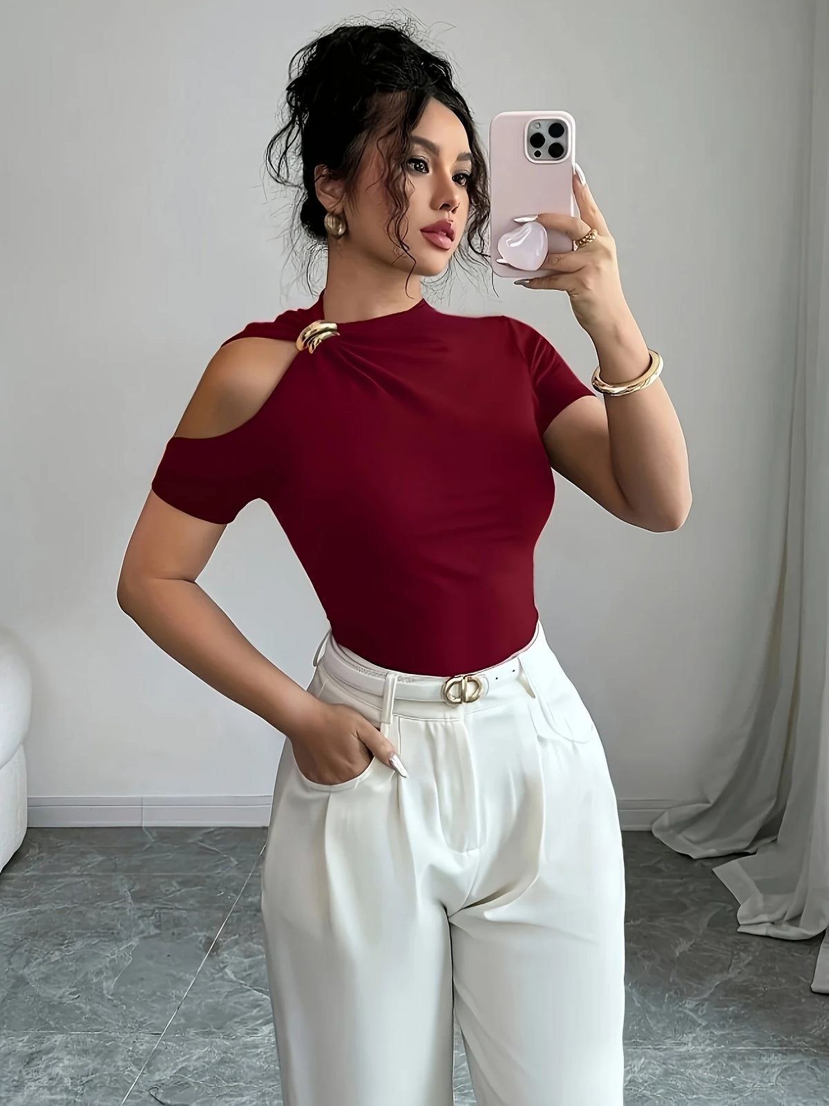 Women's Off-Shoulder Short Sleeve Knit T-Shirt with Slight Stretch