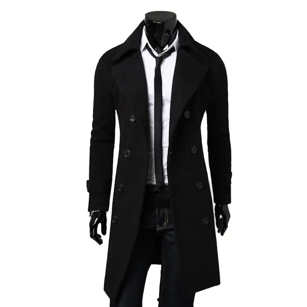 Simple Trench Coat  Double-Breasted Male Men Coat  Coldproof Pure Color Jacket