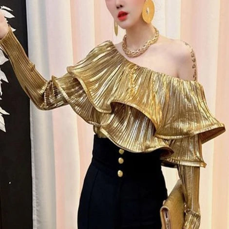 2026 Camisas De Mujer Solid Slash Neck Blouse Women's Clothing Ruffled Long Sleeve Sexy Shirts Slim Fit Fashion Vintage Blouses
