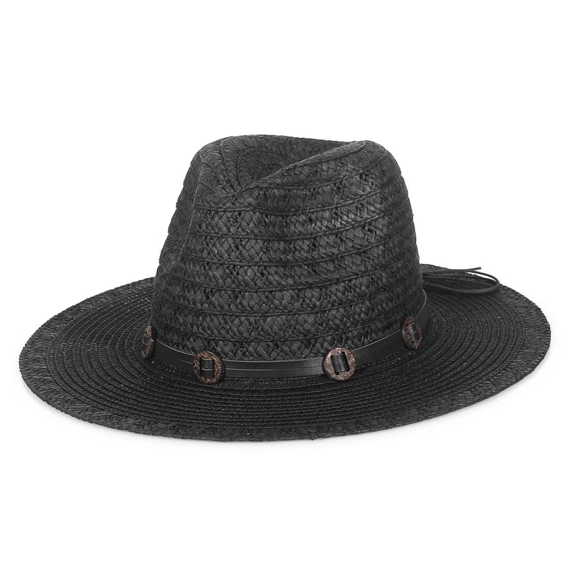 GEMVIE New Summer Hat Panama Hats Hollow Out Straw Hat for Men Women Leather Ribbon Large Brim Sun Beach Hat Jazz Cap Fedora