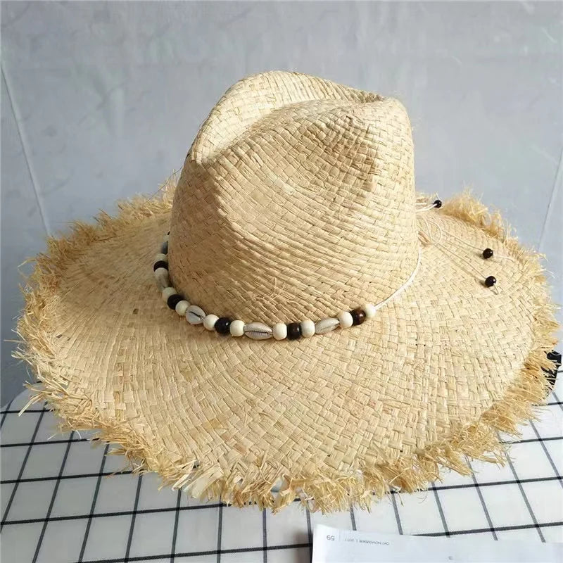 New Natural Raffia Hat Women Summer Hand Woven Straw Hat Gilrs Holiday Sun Hats Wide Brim Sun Hat Floppy Panama Travel Beach Hat