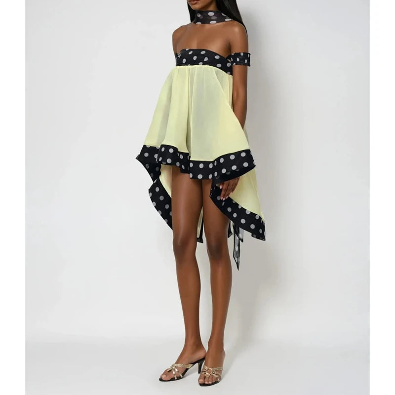 Combhasaki Women's Y2k Polka Dots Bubble Mini Dress with Choker Off Shoulder High Low Ruffle Hem Square Neck Flowy Swing Dresses
