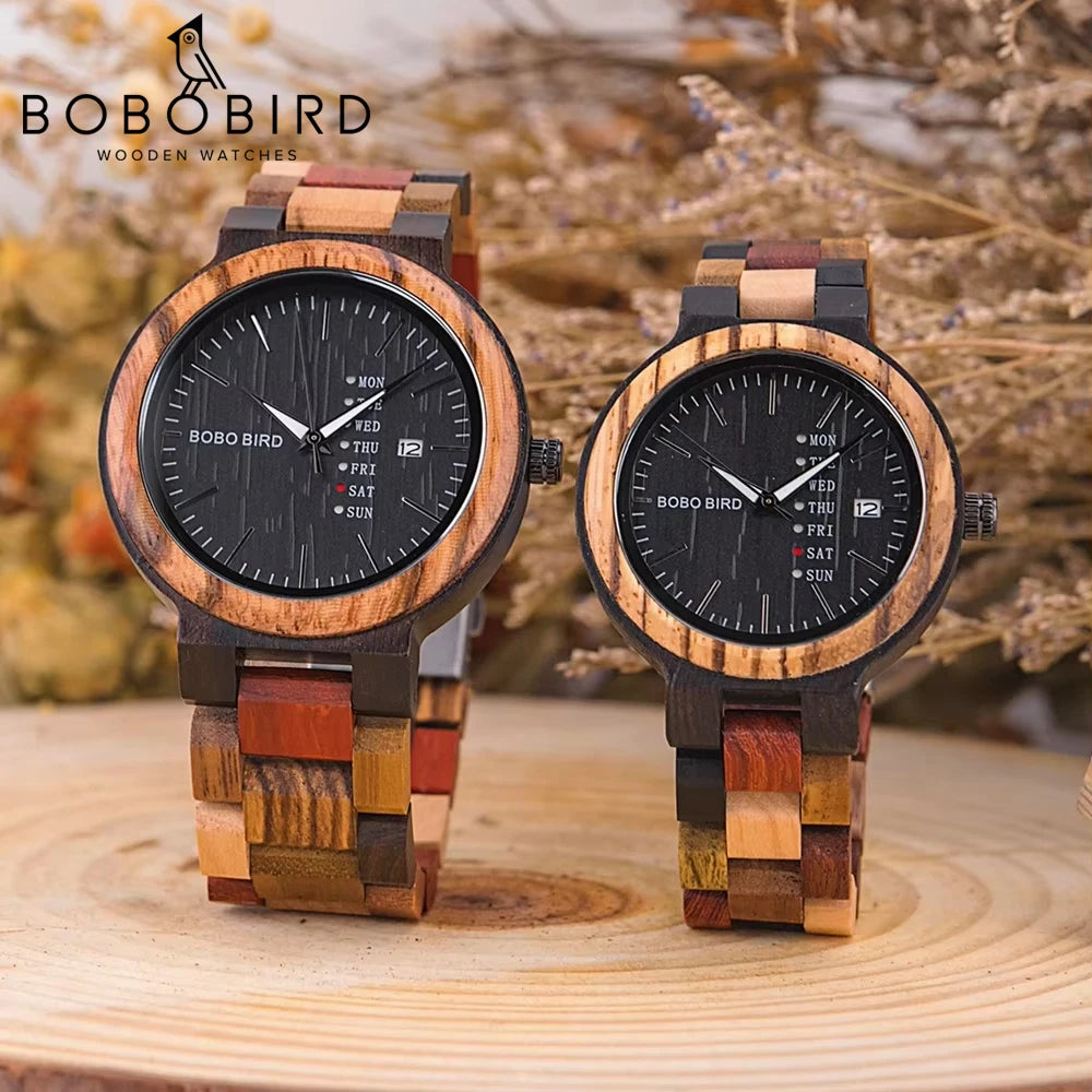 BOBO BIRD Wood Watch Men Women Quartz Week Date Couple Timepiece Colorful Wooden Band Logo Customize Gift Box