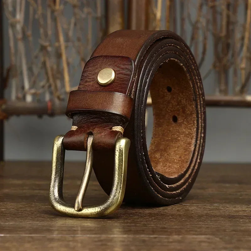 Cinturón de cuero genuino de 3.3 cm para hombre, correa de lujo, moda masculina, piel de vaca pura, hebilla de cobre, estilo retro clásico, hebilla de espiga, alta calidad