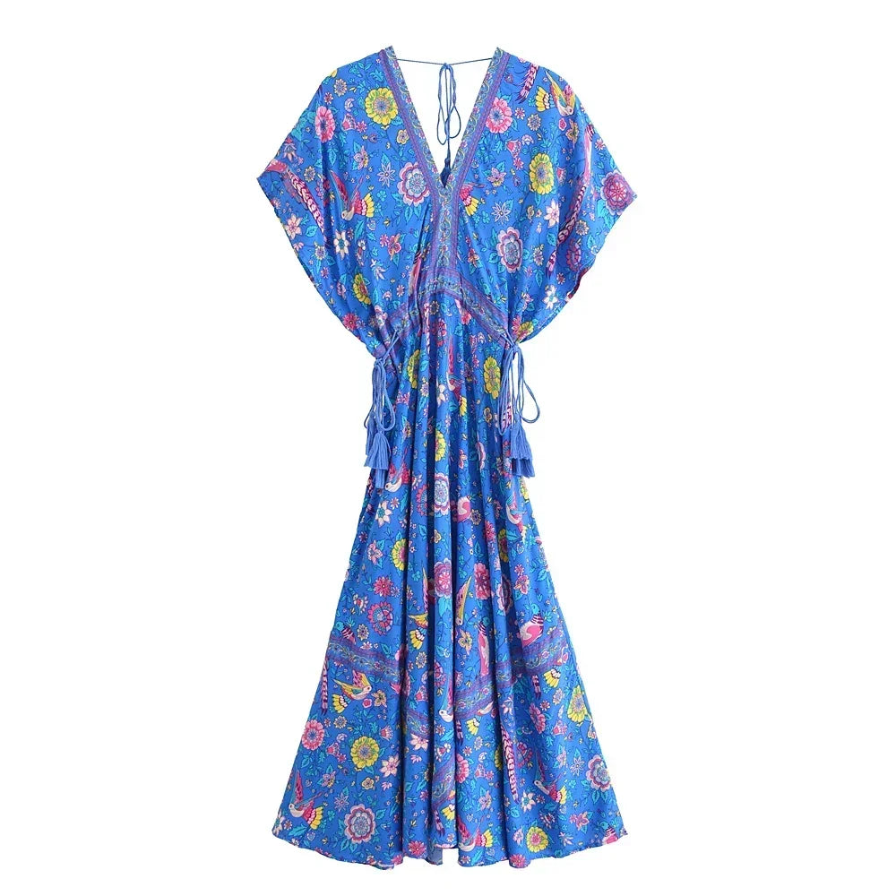 Boho Queens Women Peacock Floral Print Bat Sleeve Beach Bohemian  Maxi Dresses Ladies v Neck Tassel Summer Dress Vestidos
