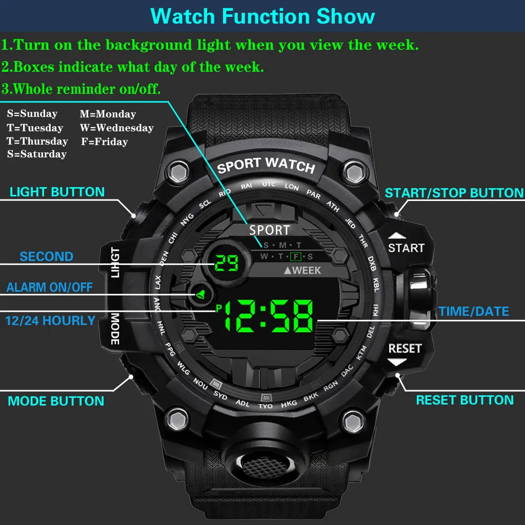 Reloj de pulsera electrónico deportivo de moda para hombre, reloj militar para niños con esfera grande multifuncional, impermeable y luminoso con alarma